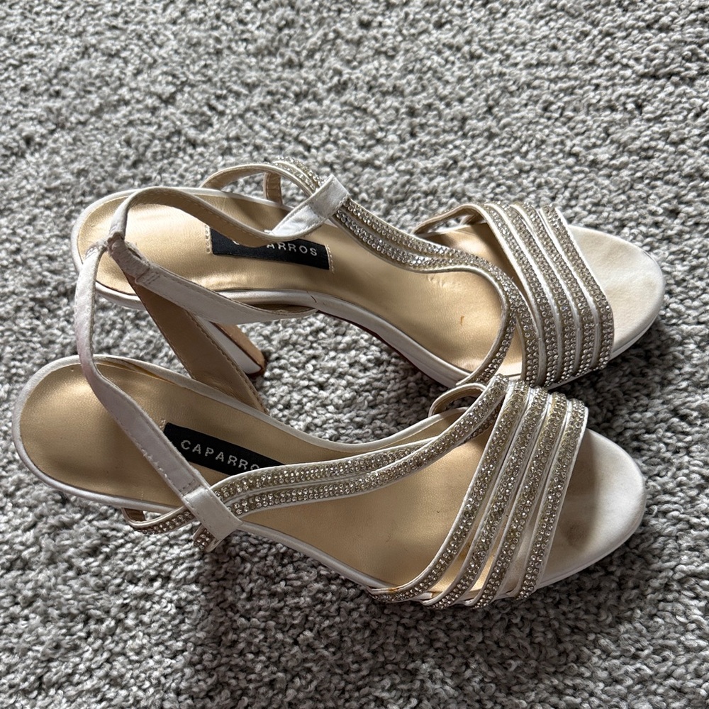 Caparros Women's white rhinestone strappy 4 inch heels. Size 6.